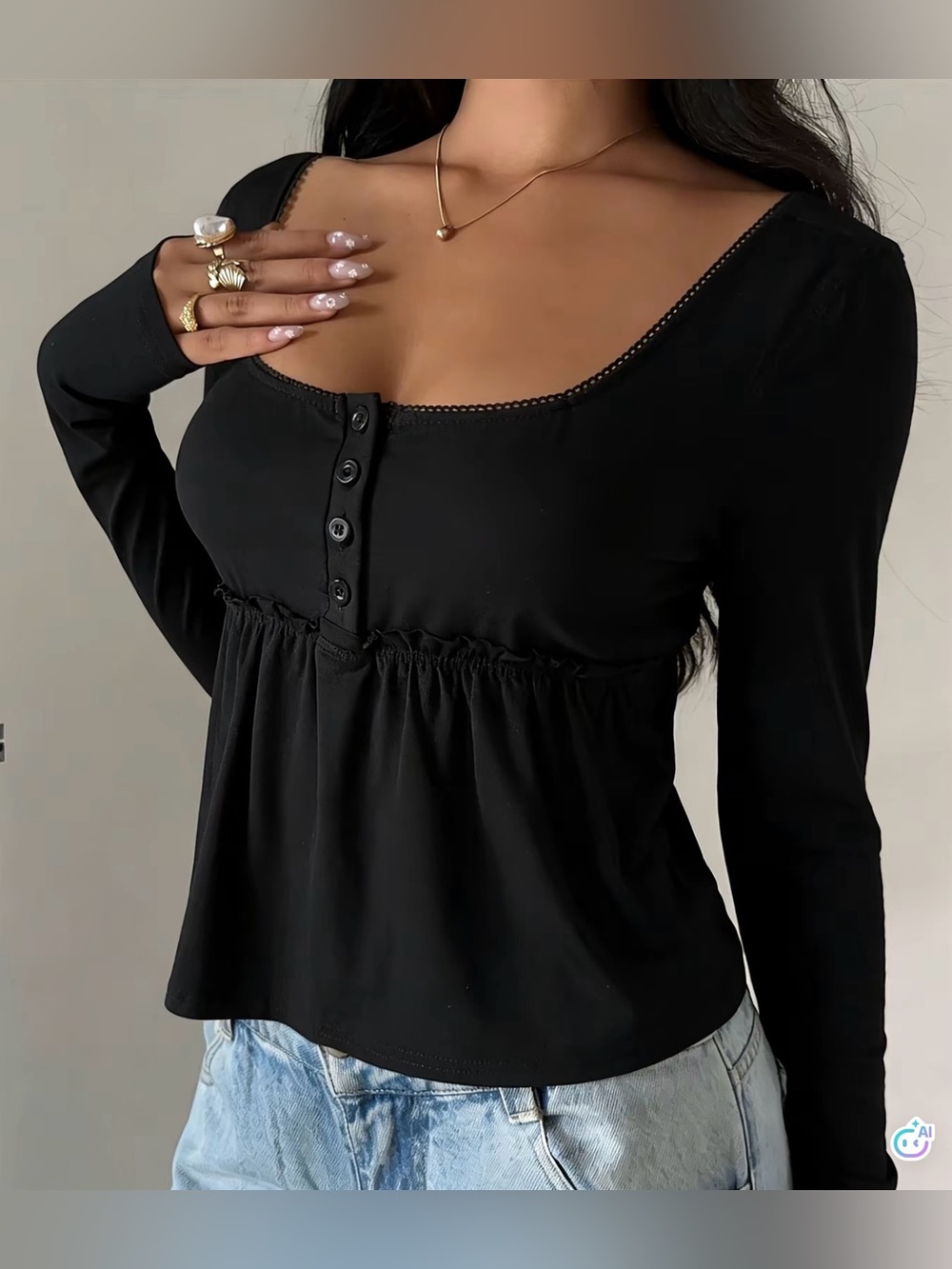 Black Scoop Neck Long-Sleeve Button Peplum Top